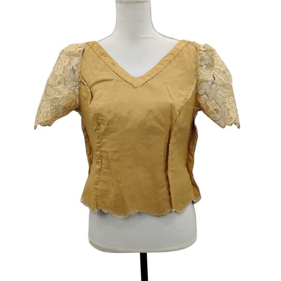Handmade Floral Embroidered Top Shell Gold Tan Scalloped Zipper Back Size Small - Picture 6 of 9